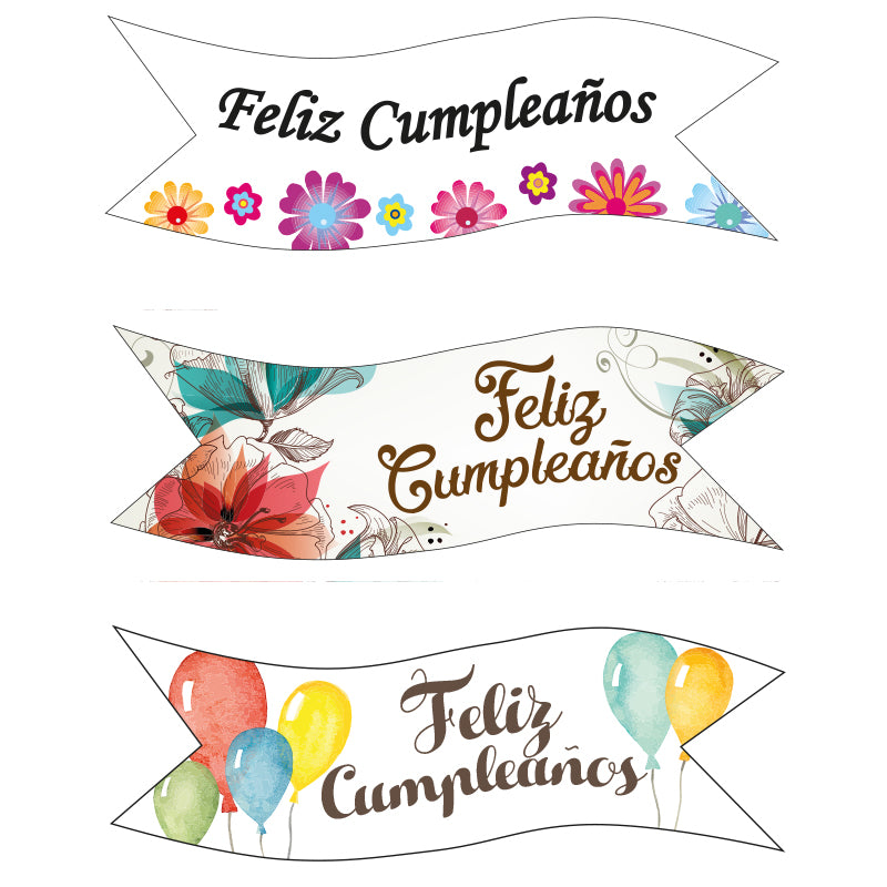 Bandera Oblea Feliz Cumpleaños Flores · 24 unidades · Dekora