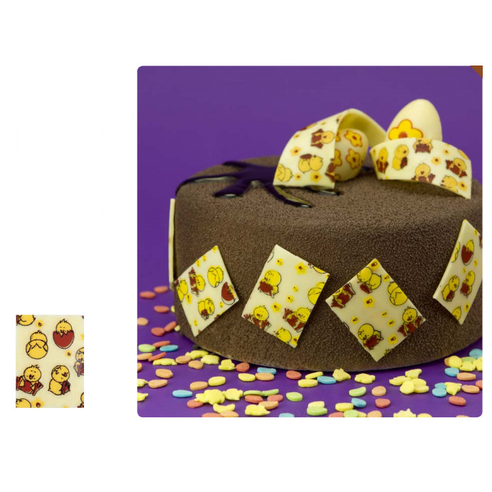 Placa pollito feliz chocolate 35x25 mm · ref 69414 · 315 unidades · Artipas