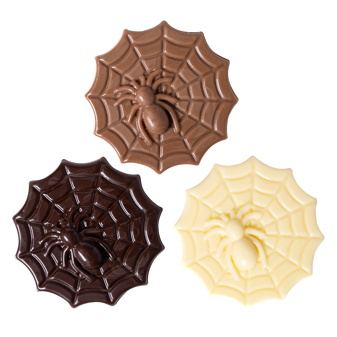 Teleraña y araña de chocolate negro, con leche y blanco ø50 mm (72 u.) · 72 unidades · Artipas