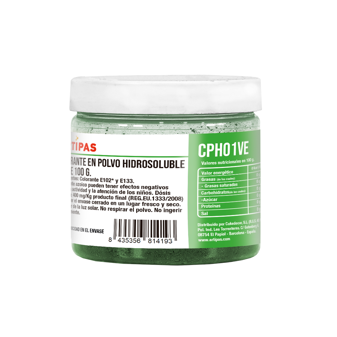 Colorante Verde Hidrosoluble en Polvo · 100 unidades · Artipas