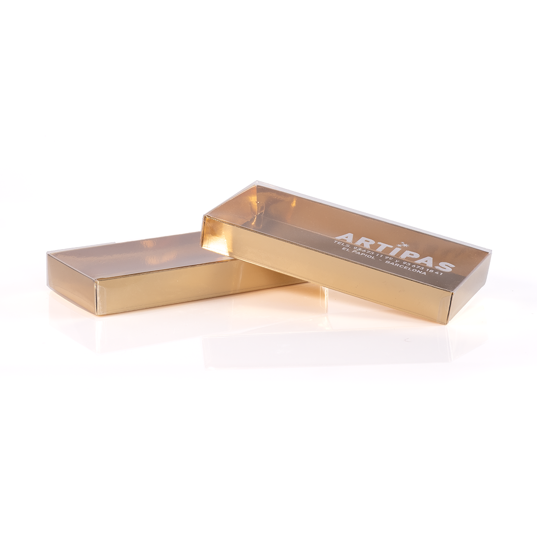 Caja de turrón base oro 210x90 h30 mm y Tapa laminada de acetato (1 u.) · Artipas