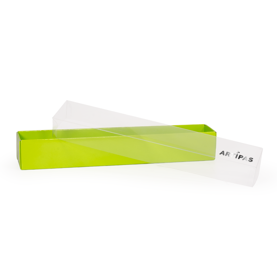 Caja pistacho de cartón + tapa de acetato -Laminada- 260x45 h40 mm (50 u.) · Artipas