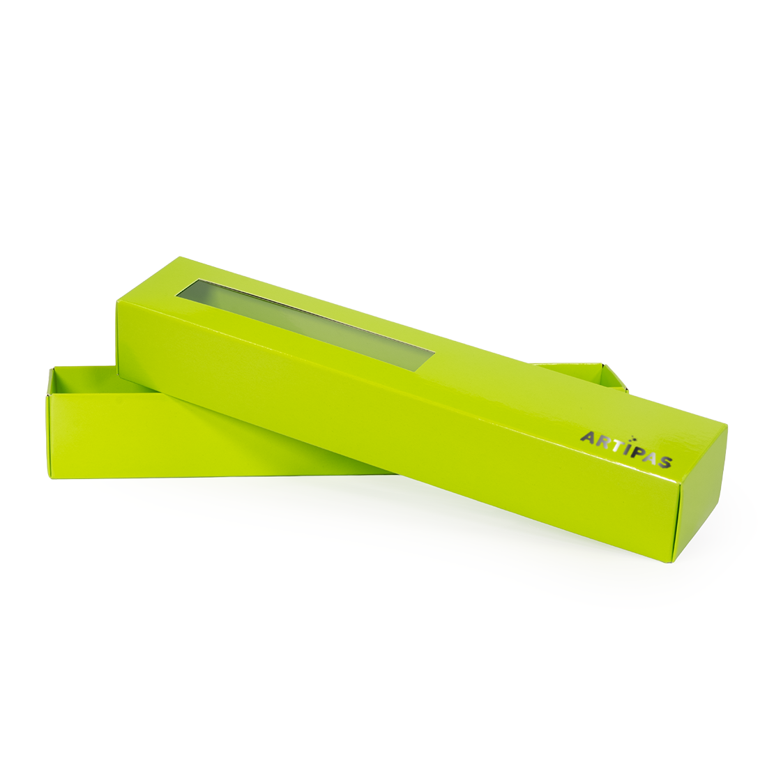 Caja pistacho de cartón + tapa de acetato con ventana -Laminada- 260x45 h40 mm (50 u.) · Artipas