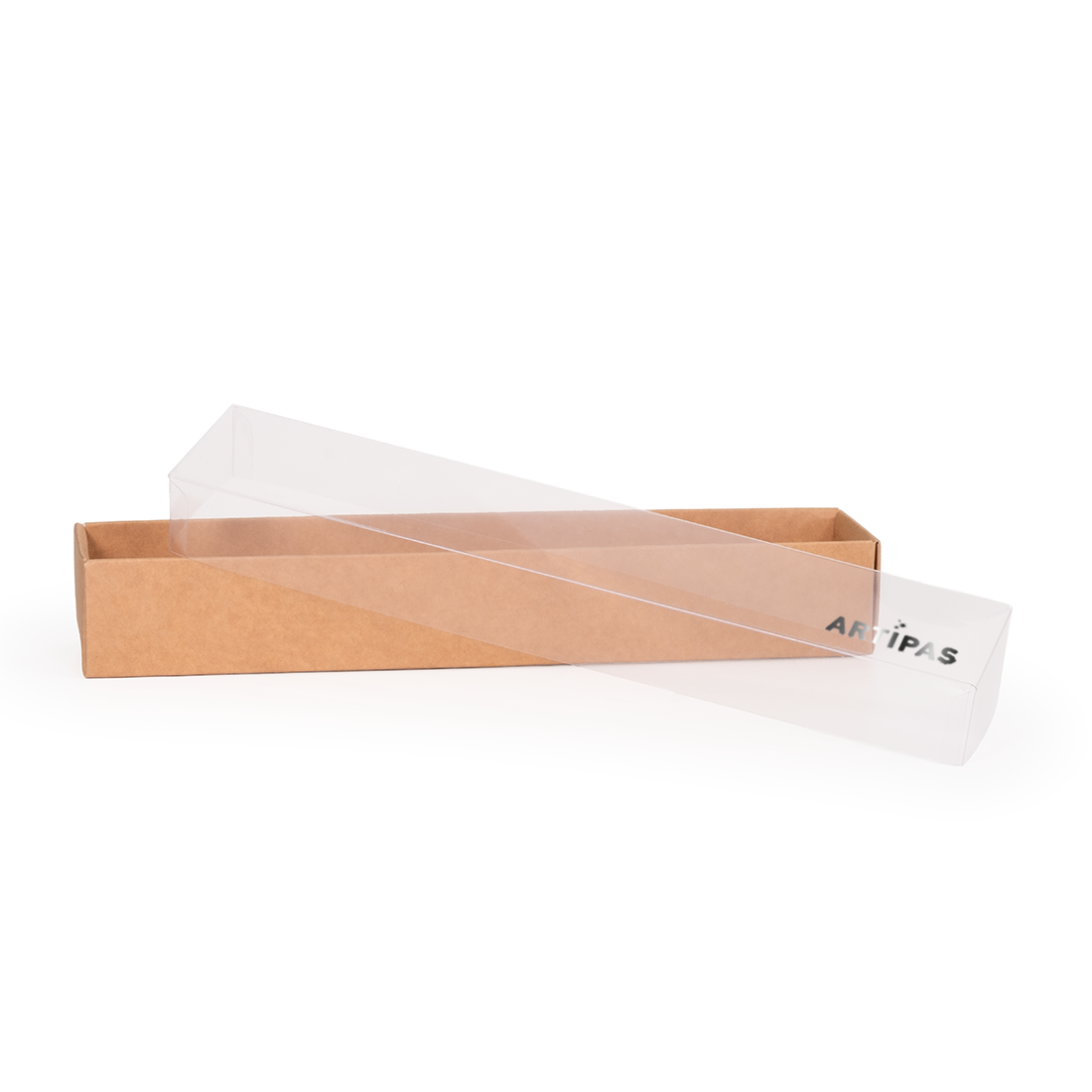 Caja kraft de cartón + tapa de acetato -Laminada- 260x45 h40 mm (50 u.) · Artipas