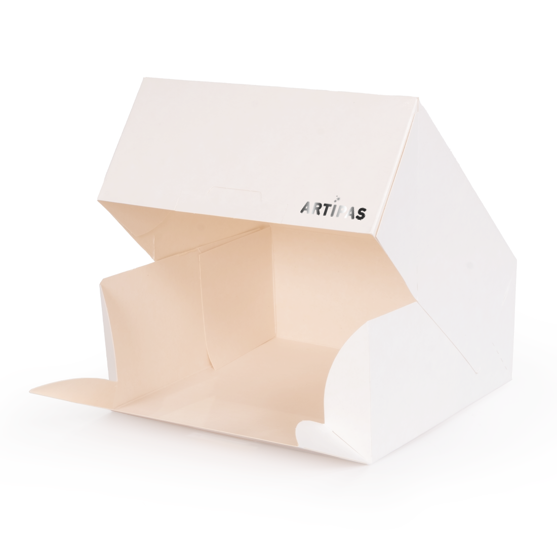 Caja cuadrada apertura lateral blanca de cartón -Laminada- 180x180 h130 mm (25 u.) · Artipas