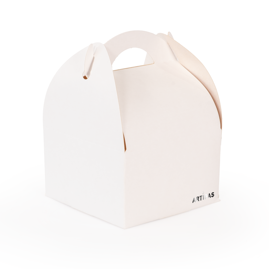 Caja con asa blanca de cartón -Laminada- 105x105 h45 mm (50 u.) · Artipas