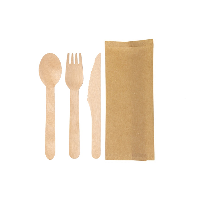Set Madera Cuchara+Cuchillo+Tenedor Embolsado Papel Kraft (C/500uds) · 500 unidades · VasoMadrid