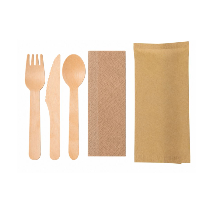 Set Madera Cuchara+Cuchillo+Tenedor+Servilleta Embolsado Papel Kraft (C/500uds) · 500 unidades · VasoMadrid