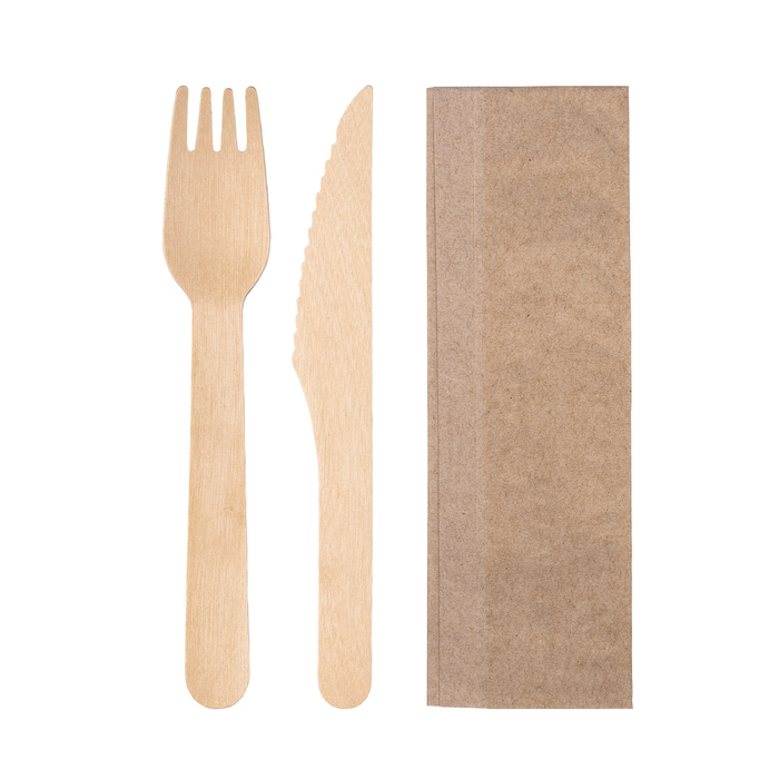 Set Madera Cuchillo+Tenedor+Servilleta Embolsado Papel Kraft (C/500uds) · 500 unidades · VasoMadrid