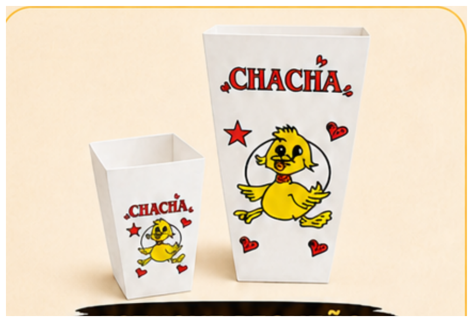 Estuche palomitas mediano · pedido mínimo 100 unidades · Gofres Chacha