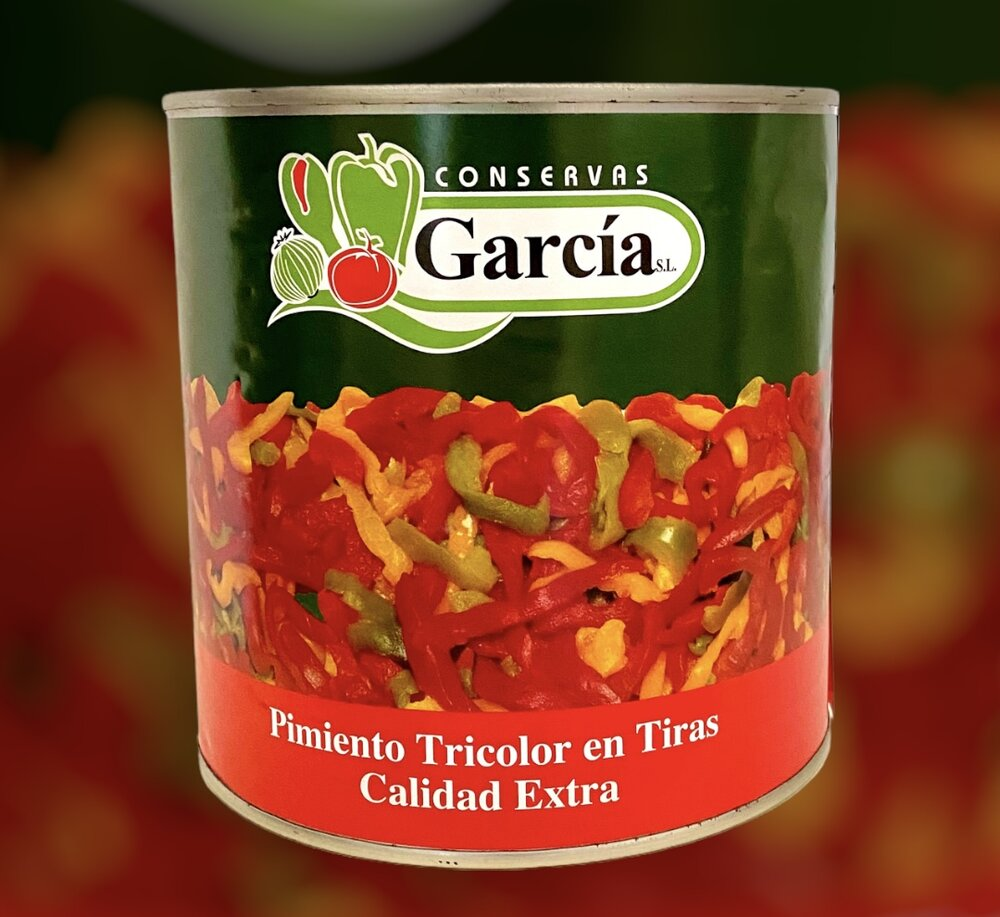 Pimientos Asados Tiras Tricolor García · caja de 12 tarros de 550 g · 12 unidades · Conservas García