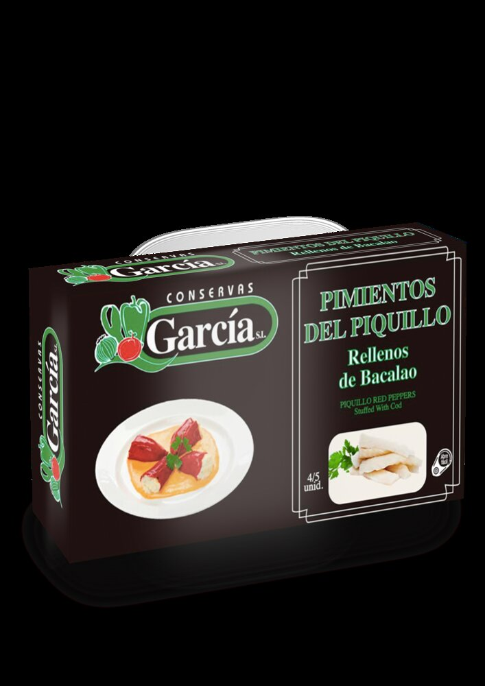 Pimientos Piquillo Rell. Bacalao García · caja de 12 latas de 250 g (4-6 piezas) · 12 unidades · Conservas García