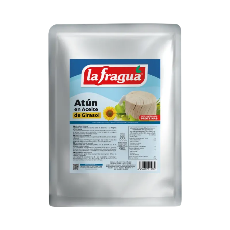 Atún en Girasol Bolsa 1 kg (Katsuwonus pelamis) (80% Trozos - 20% Migas) · 16 unidades · La Fragua