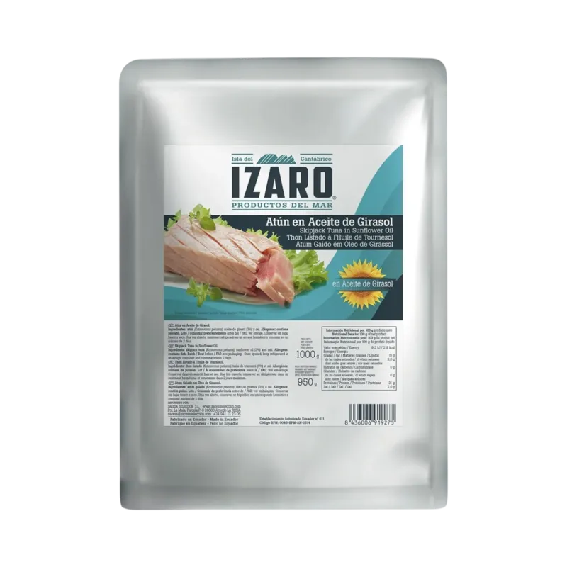 Atún en Girasol Bolsa 1 kg (Katsuwonus pelamis) (70% Trozos - 30% Migas) · 16 unidades · La Fragua