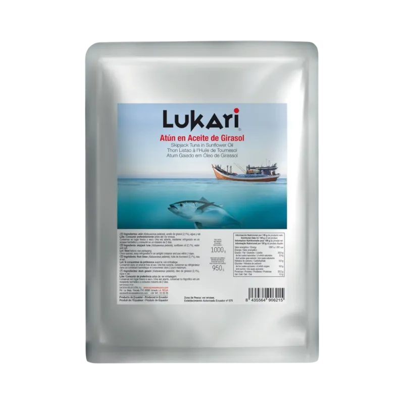 Atún en Girasol Bolsa 1 kg (Katsuwonus pelamis) (70% Trozos - 30% Migas) · 16 unidades · La Fragua