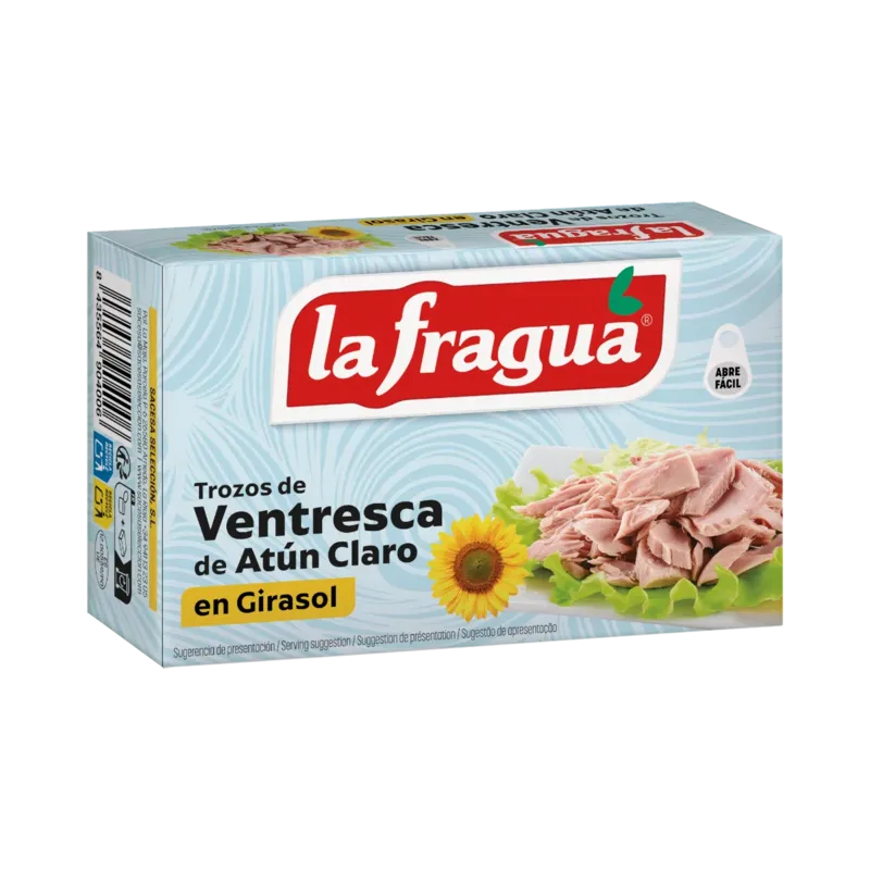 Ventresca de Atún Claro Trozos en Girasol OL-120 (Thunnus albacares) - F.A. Especial para ensaladas · 25 unidades · La Fragua