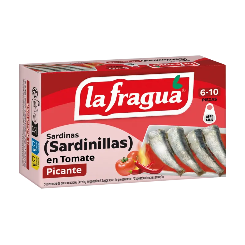 Sardinillas 6-10 en Tomate Picante Lata RR-90 (Sardinella longiceps) - F.A. · 25 unidades · La Fragua