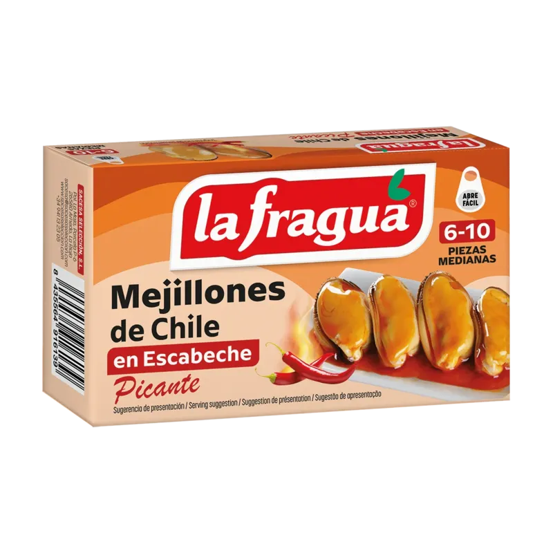 Mejillones 6-10 en Escabeche Picante Lata RR-90 (Mytilus chilensis) - F.A. · 25 unidades · La Fragua