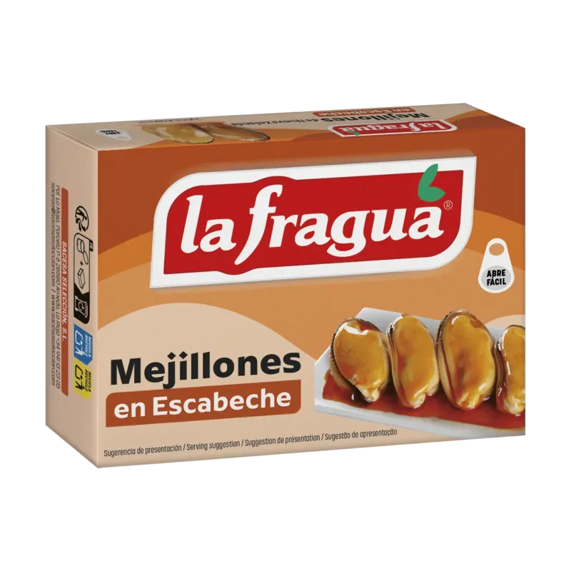 Mejillones 6-8 en Escabeche Lata RR-125 (Perna canaliculus) - F.A. Origen: Pacífico · 25 unidades · La Fragua