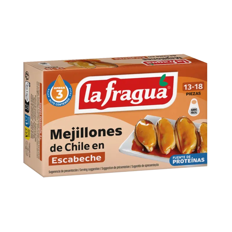 Mejillones 13-18 en Escabeche Lata OL-120 (Mytilus chilensis) - F.A. · 24 unidades · La Fragua