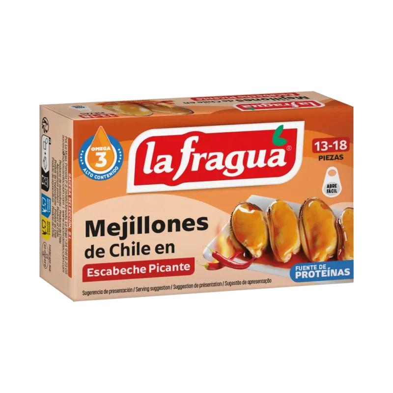Mejillones 13-18 en Escabeche Picante Lata OL-120 (Mytilus chilensis) - F.A. · 24 unidades · La Fragua