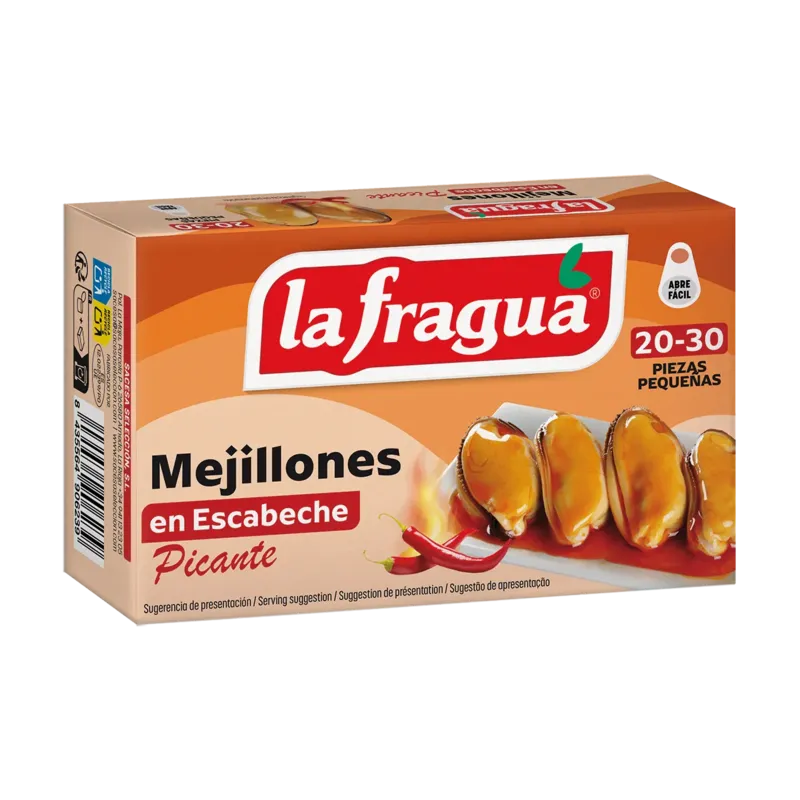Mejillones 19-35 en Escabeche Picante Lata OL-120 (Mytilus galloprovincialis) - F.A. Rías Gallegas · 24 unidades · La Fragua