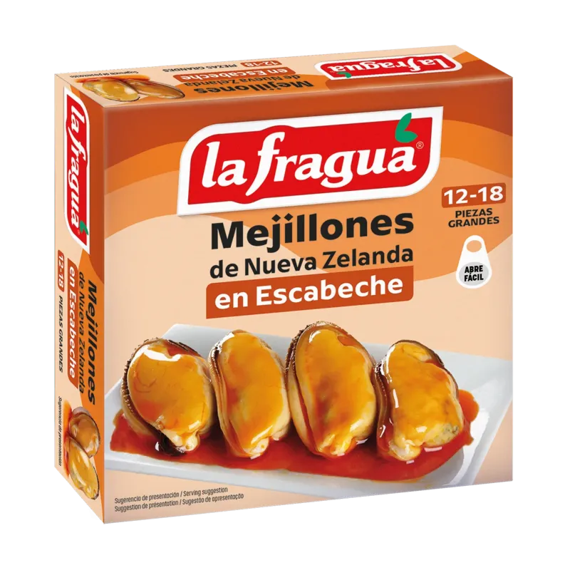 Mejillones 12-18 en Escabeche Lata RO-280 (Perna canaliculus) - F.A. Origen: Pacífico · 24 unidades · La Fragua