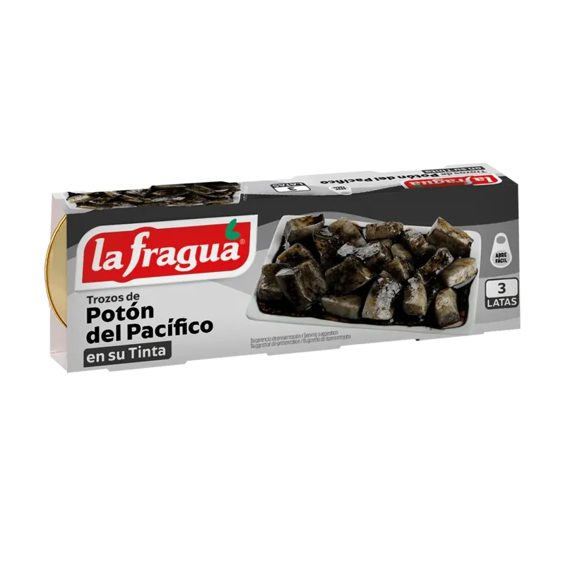 Trozos de Potón en su Tinta Lata RO-85 Pack3 (Dosidicus spp) - F.A. Origen: Pacífico · 30 unidades · La Fragua