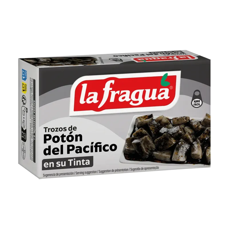 Trozos de Potón en su Tinta Lata RR-120 (Dosidicus spp) - F.A. Origen: Pacífico · 25 unidades · La Fragua