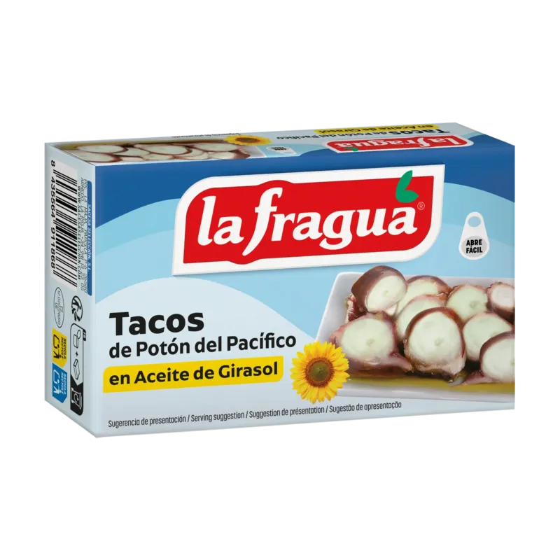 Tacos de Potón en Girasol Lata OL-120 (Dosidicus spp) - F.A. Origen: Pacífico · 25 unidades · La Fragua