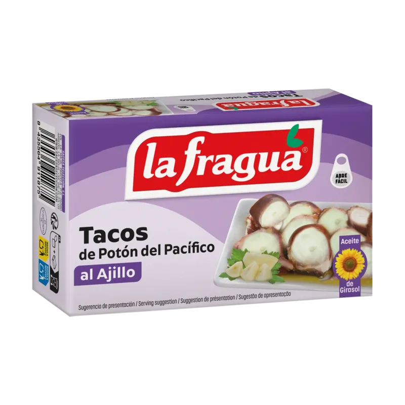 Tacos de Potón al Ajillo Lata OL-120 (Dosidicus spp) - F.A. Origen: Pacífico · 25 unidades · La Fragua