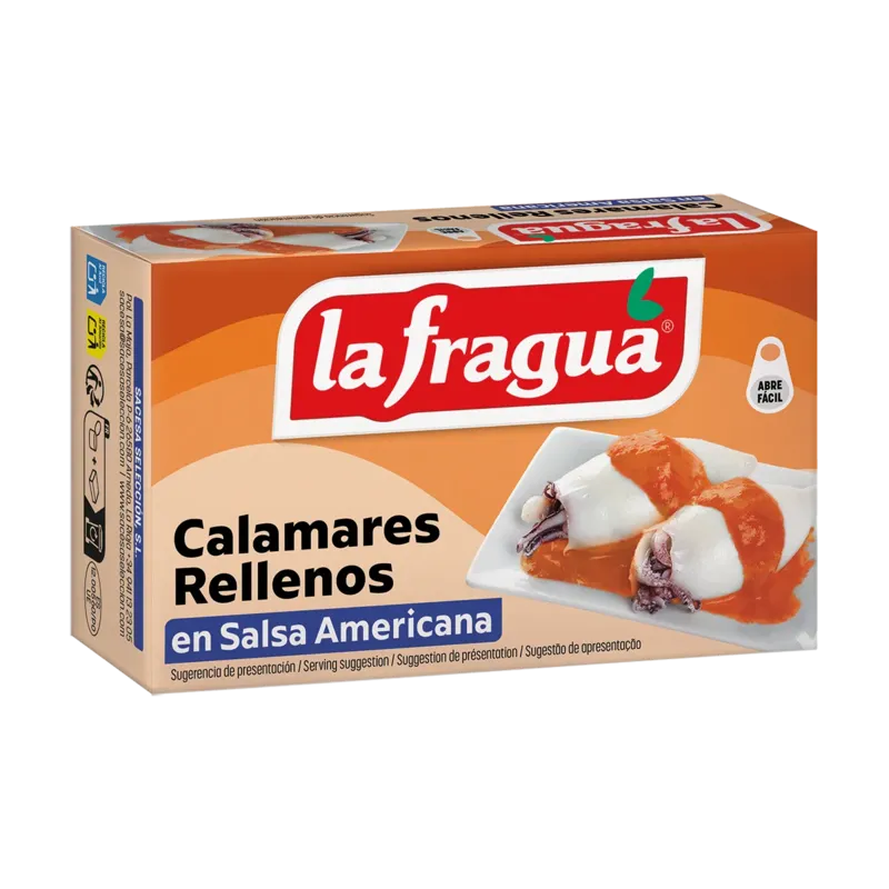 Calamares Rellenos en Salsa Americana Lata OL-120 (Loligo spp) - F.A. · 25 unidades · La Fragua