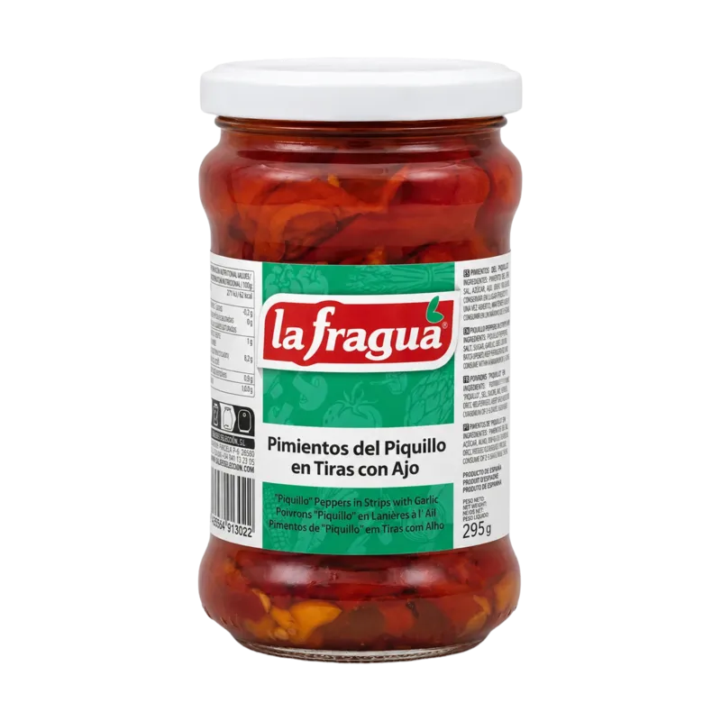 Pimiento Piquillo Tiras con Ajo Tarro-314 · 12 unidades · La Fragua
