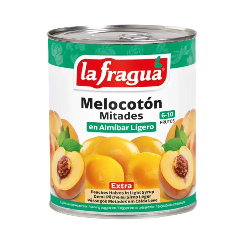 Melocotón Almíbar Ligero Mitades 6-10 Extra Lata 1 kg F.A. - Apilable · 12 unidades · La Fragua