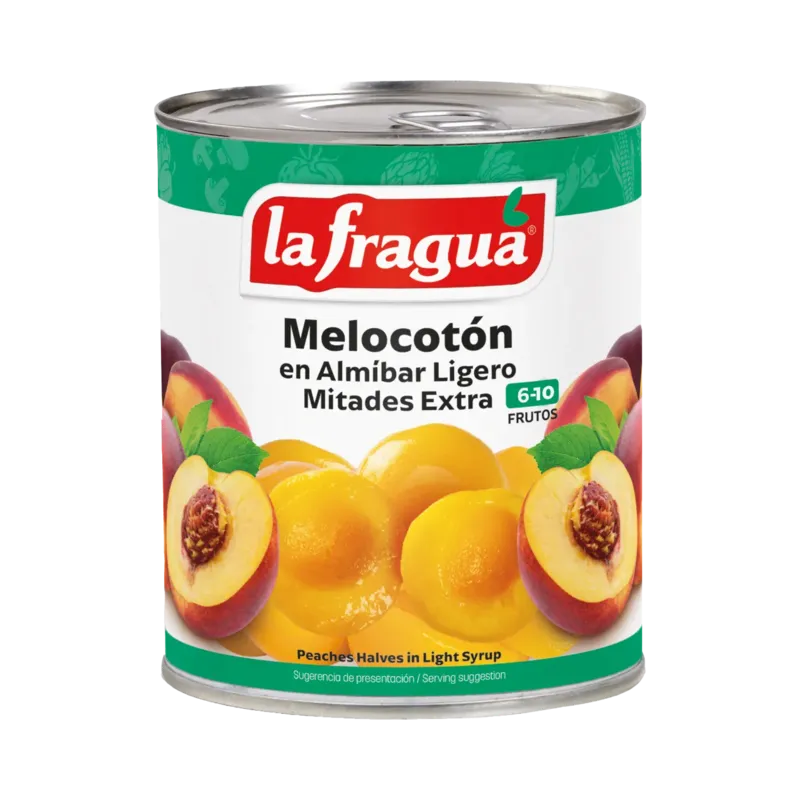 Melocotón Almíbar Ligero Mitades 6-10 Extra Lata 1 kg F.A. - Apilable · 12 unidades · La Fragua