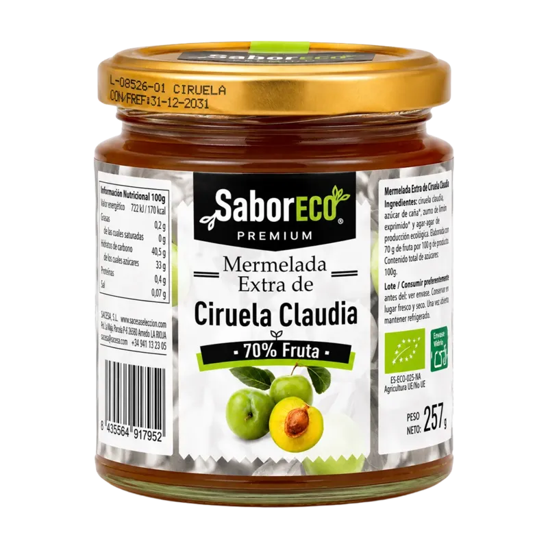 Mermelada Extra de Ciruela Claudia BIO Tarro 250 (70% fruta) · 12 unidades · La Fragua