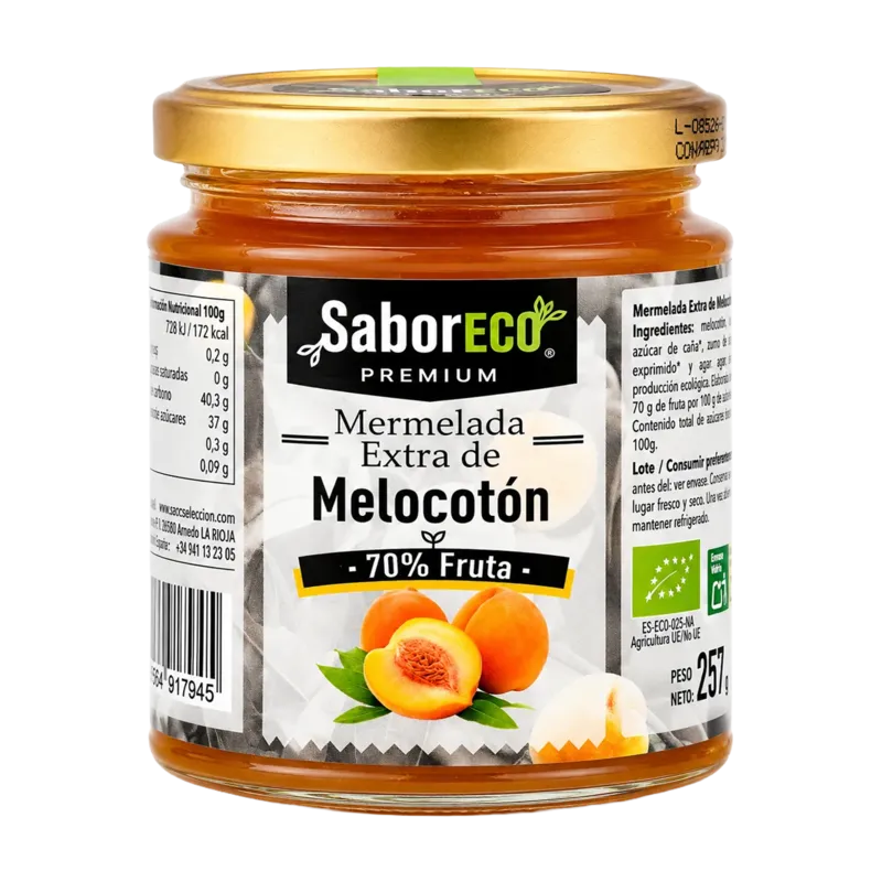 Mermelada Extra de Melocotón BIO Tarro 250 (70% fruta) · 12 unidades · La Fragua