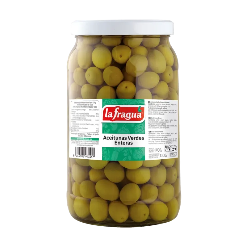 Aceitunas Verdes Enteras 201/220 I Tarro 1/2 Galón Variedad: Manzanilla - (2 kg) · 6 unidades · La Fragua
