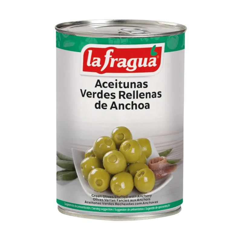 Aceitunas Rellenas de Anchoa 161/200 I Lata 1/2 kg Variedad: Manzanilla - F.A. - Apilable · 12 unidades · La Fragua