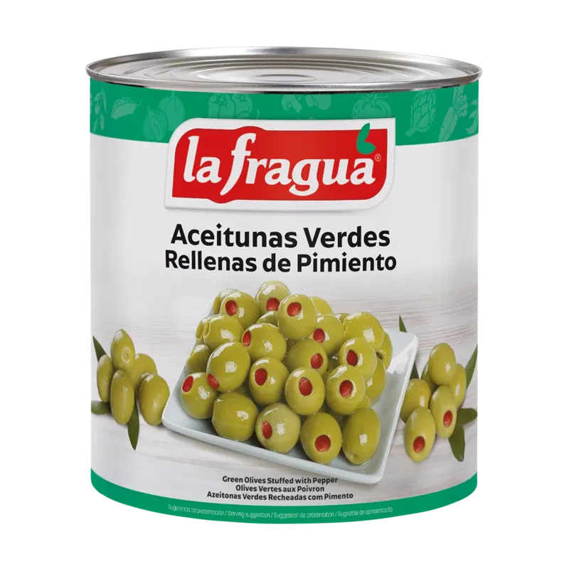 Aceitunas Rellenas de Pimiento 340/360 I 3 kg (A10) Variedad: Hojiblanca · 6 unidades · La Fragua