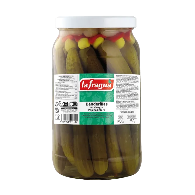 Banderillas en Vinagre Pepino Entero I T. 1/2 Galón (2 kg) · 6 unidades · La Fragua