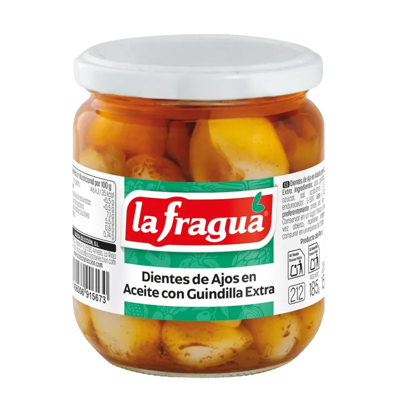 Dientes de Ajos en Aceite + Guindilla Tarro-370 · 12 unidades · La Fragua