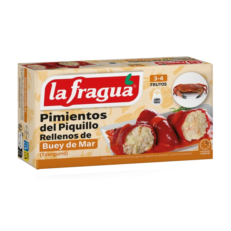 Pimientos Rellenos de Buey de Mar Lata 1/4 kg Fiesta Alto - F.A. (Txangurro) · 24 unidades · La Fragua