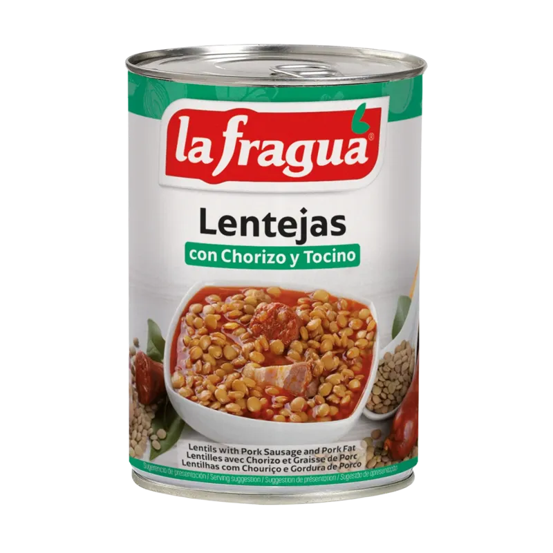 Lentejas con Panceta y Chorizo Lata 1/2 kg F.A. - Apilable · 12 unidades · La Fragua