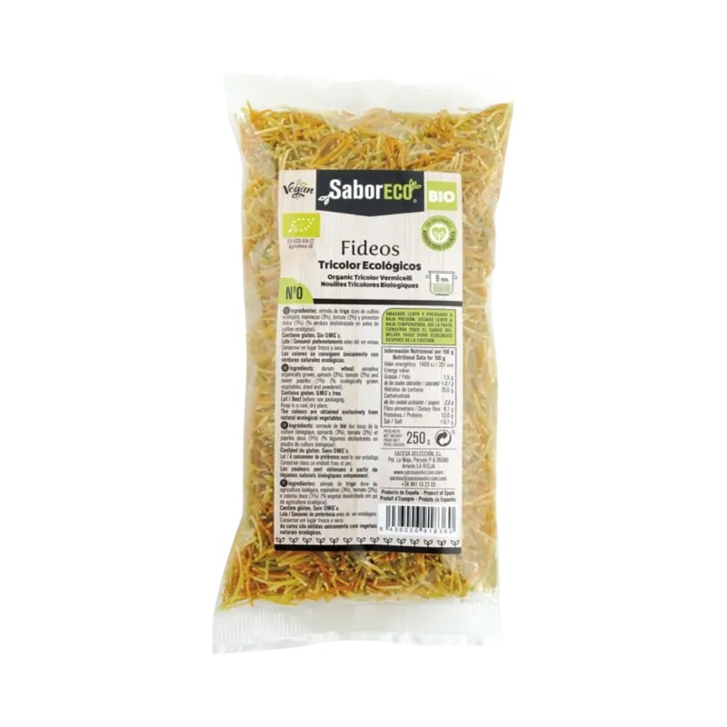 Fideos nº 0 Tricolor BIO Bolsa 250 g · 12 unidades · La Fragua