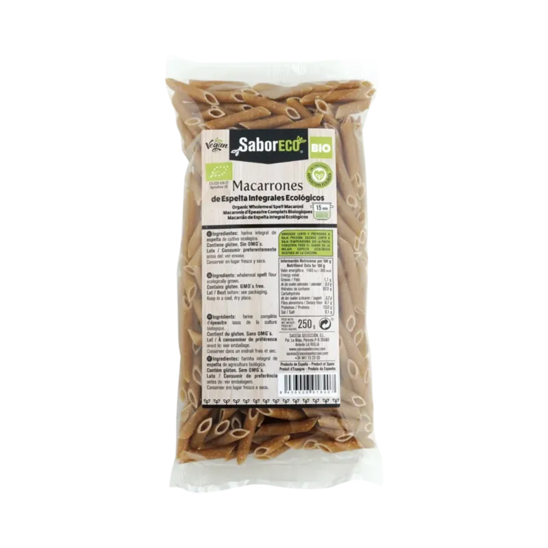 Macarrones de Espelta Integrales BIO Bolsa 250 g · 12 unidades · La Fragua