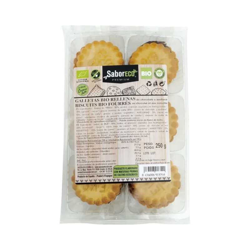 Galletas Rellenas de Chocolate y Avellanas BIO 250 g · 12 unidades · La Fragua